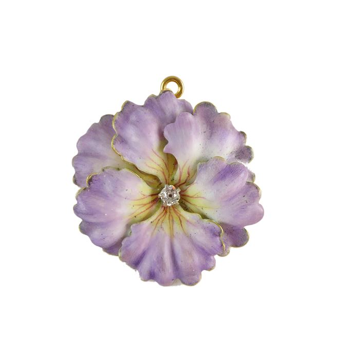 Antique enamel and diamond flowerhead brooch by Tiffany, c.1900, stylised anemone in lilac enamel shading yellow to centre, | MasterArt